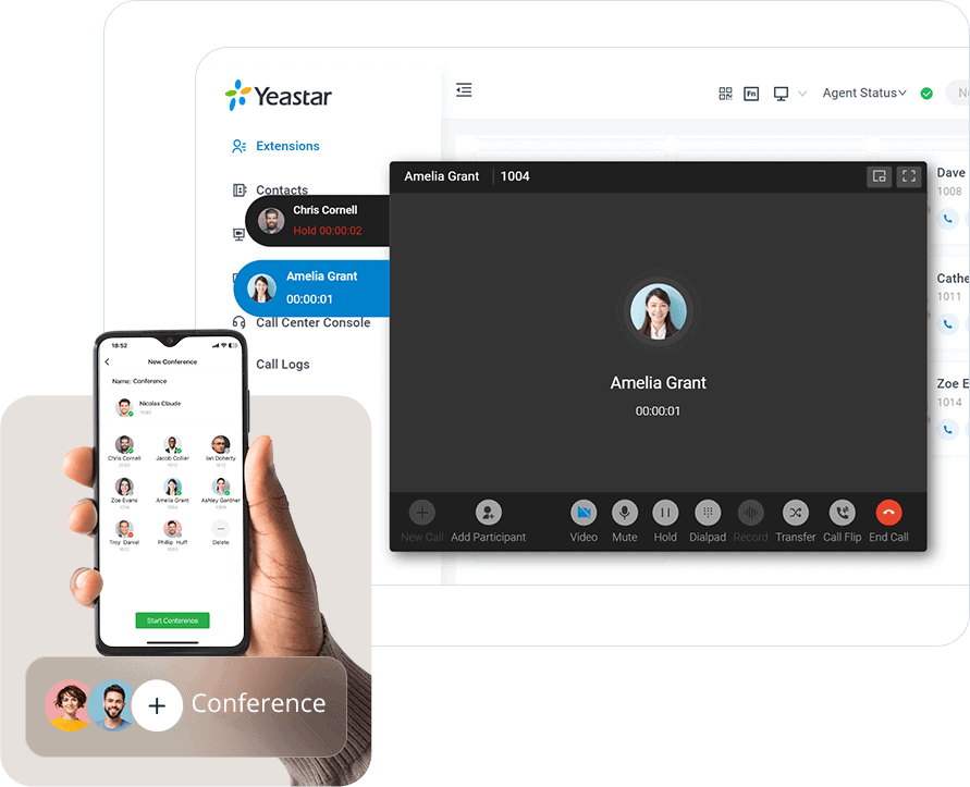 Desktop and mobile softphone clients for managing business calls