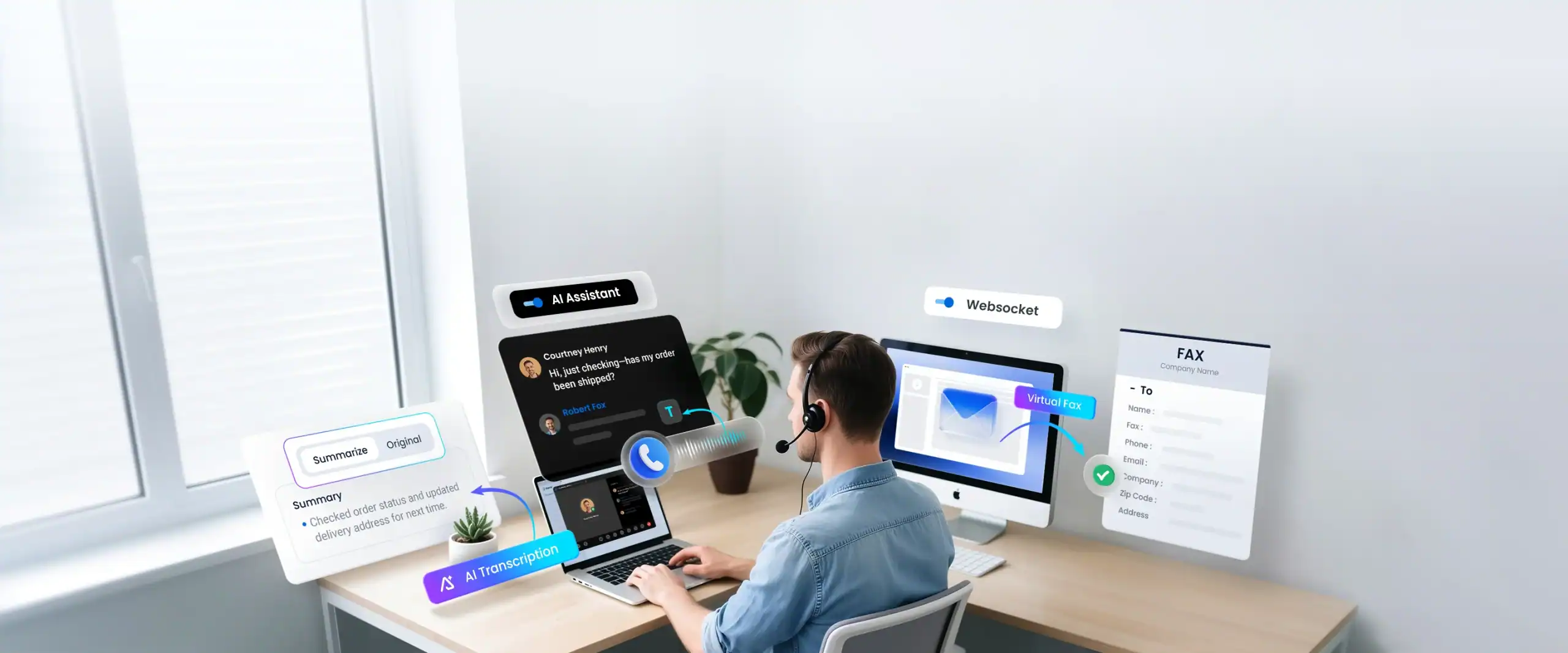 Modern unified communications platform with AI assistant, transcription and virtual fax features